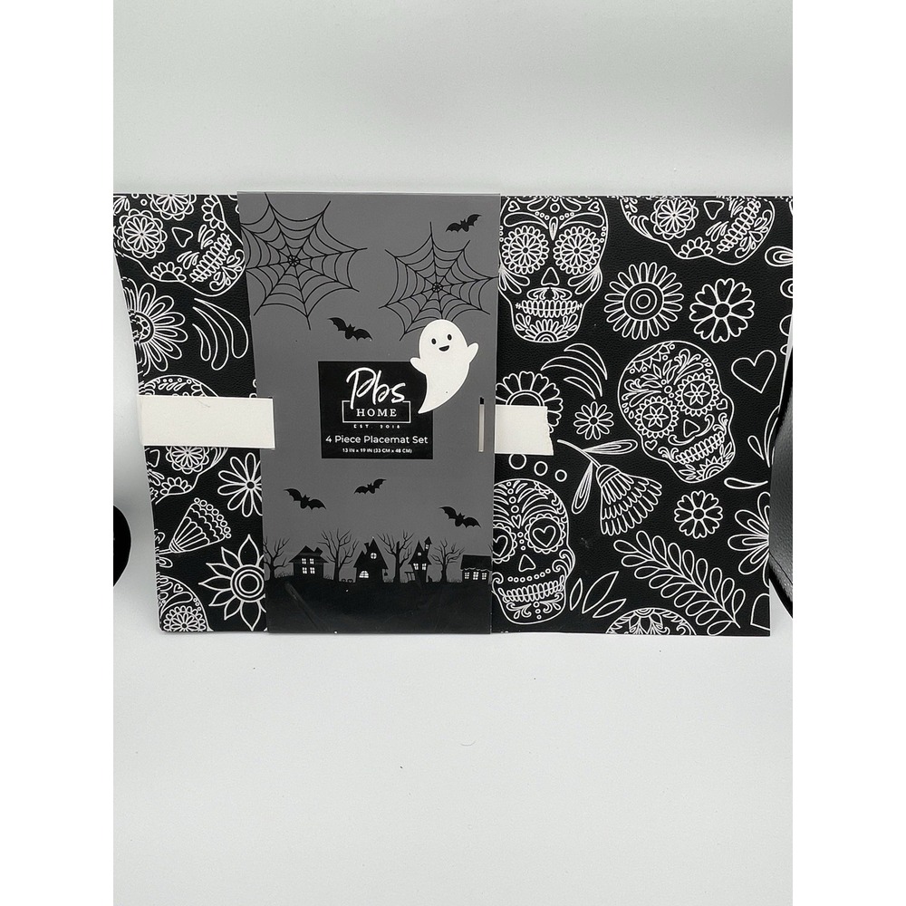 4 Piece Sugar skull‎ Halloween Black White Placemats Set 13"x 19" NEW